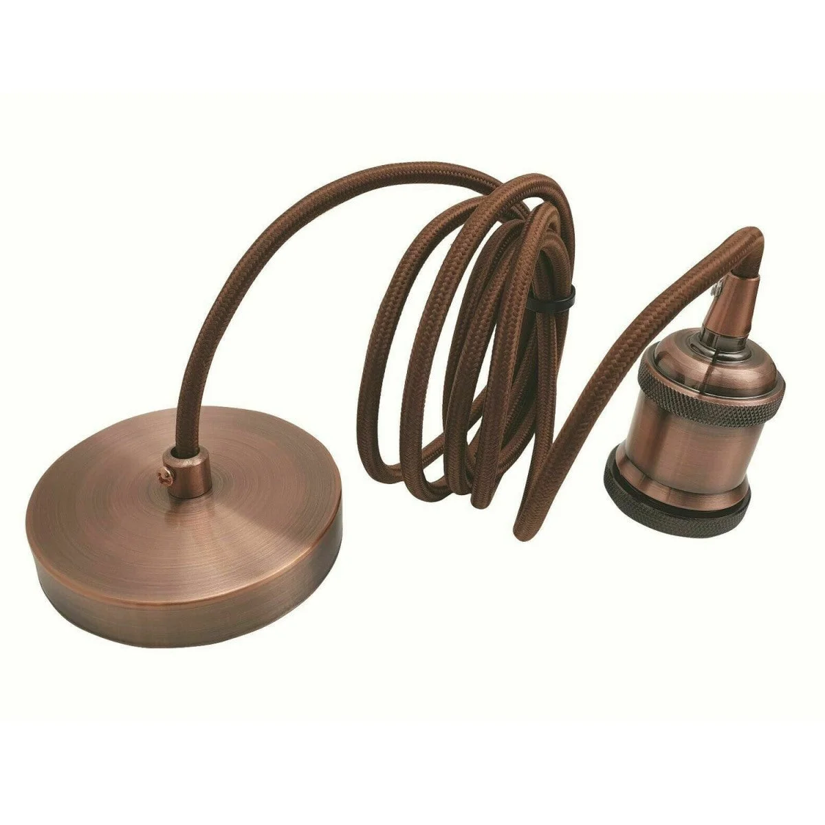 Vintage brown E27 bulb holder with 2m 3 core fabric cable pendant and matching ceiling rose accessories