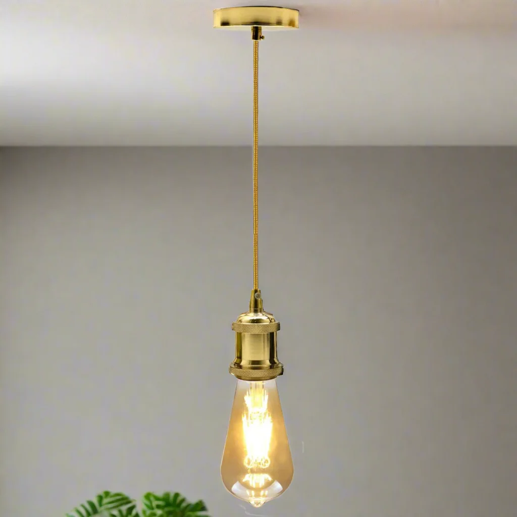 Vintage pendant lamp holder with 2m gold round fabric cable and E27 base, polished rustic finish, ceiling rose included