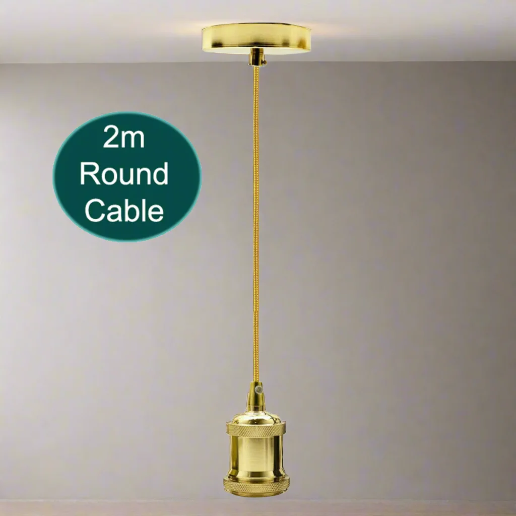 2m gold round fabric cable with vintage high polished E27 bulb holder and matching ceiling rose pendant kit