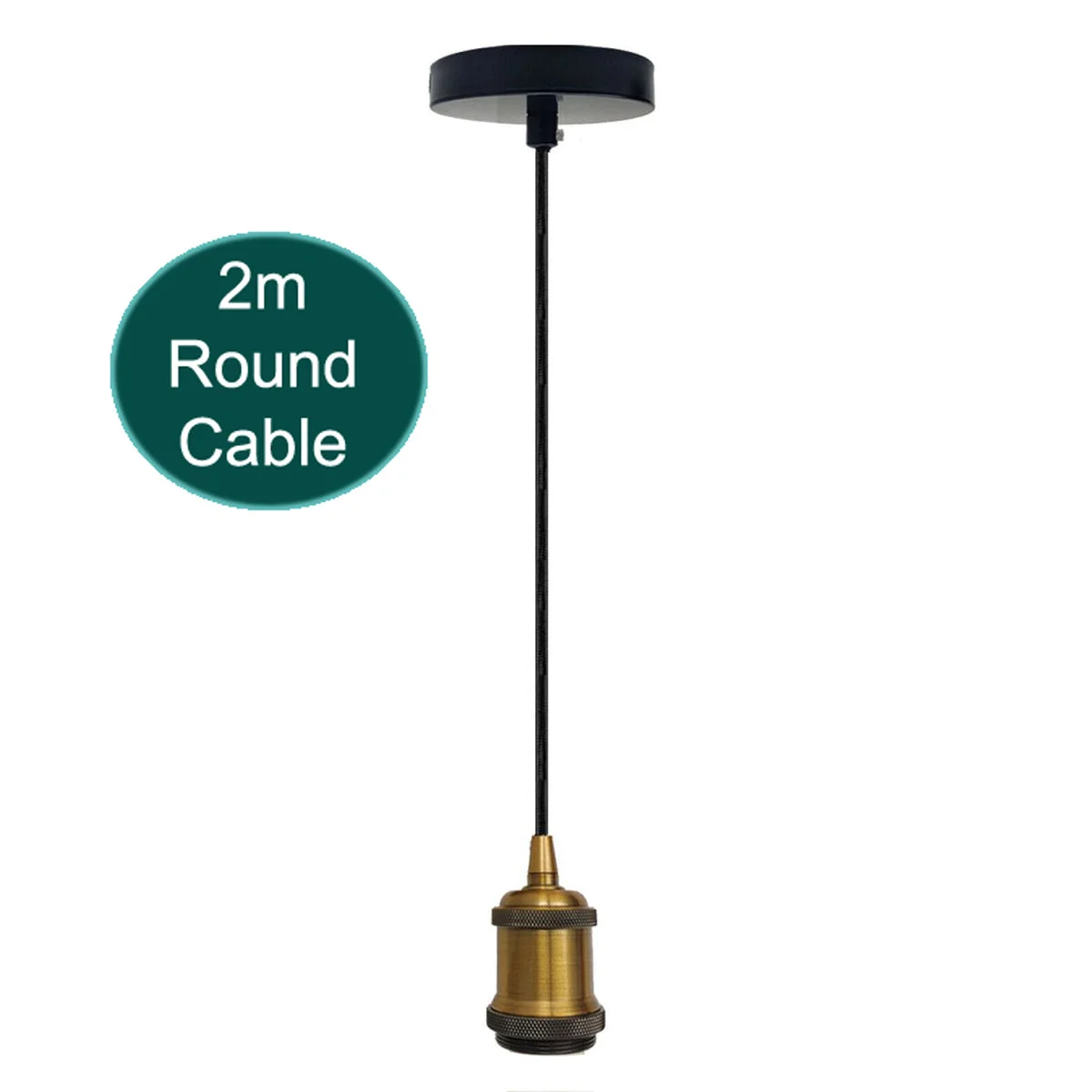 Black 2‑meter round cable E27 pendant light kit with polished yellow brass holder, ready for vintage filament bulb