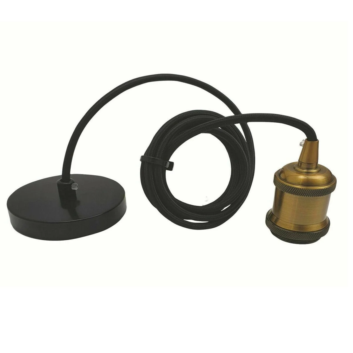 Black round lamp holder on polished vintage style with 2m cable and yellow brass base, ready for E27 bulb