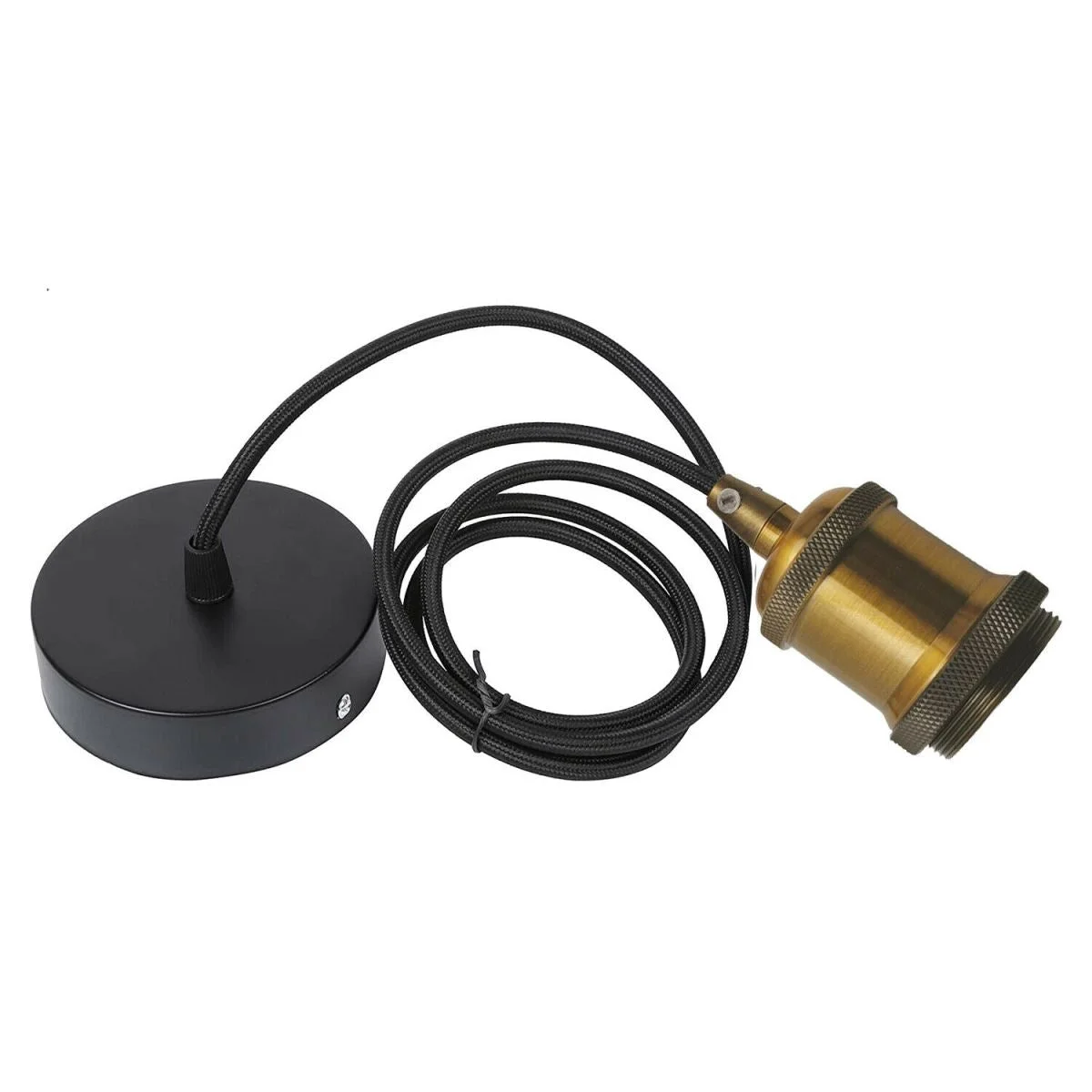 E27 ceiling pendant featuring black round lamp holder with matching yellow brass ceiling rose, 2m cable.
