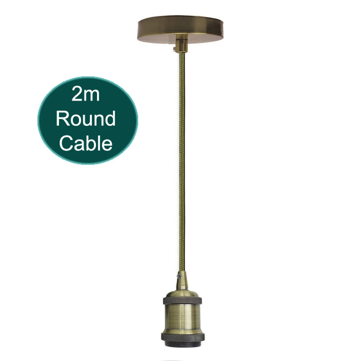 Vintage pendant light with 2m green brass fabric cable and polished French gold E27 bulb holder ceiling set