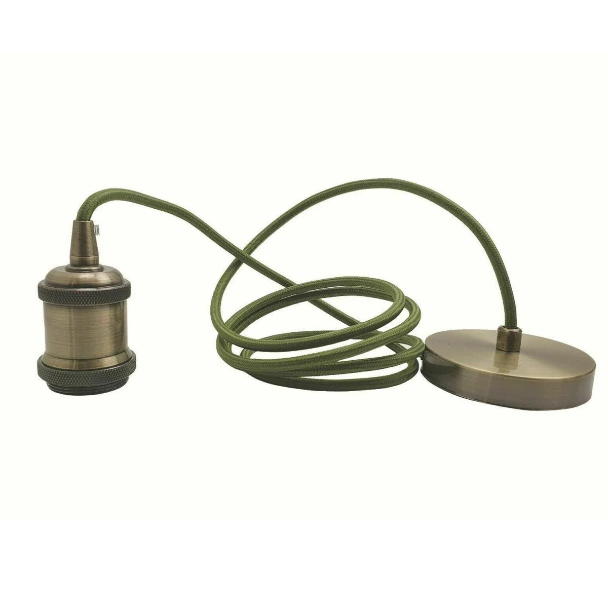 2 meter pendant cable with vintage French gold E27 bulb holder and green brass ceiling rose in rustic polished finish