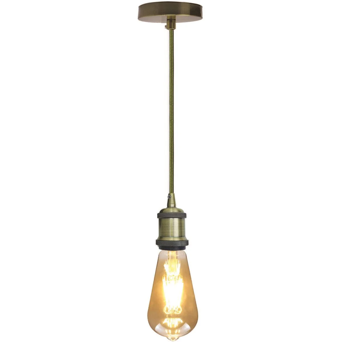 Green brass pendant with vintage E27 bulb holder, 2m fabric cable, and polished ceiling rose in French gold finish