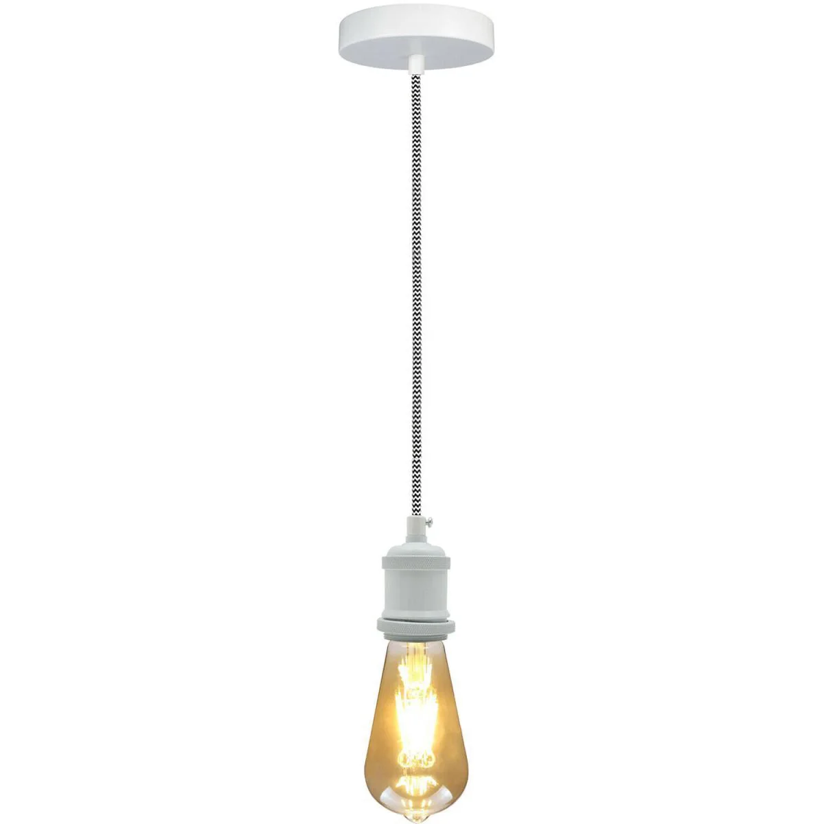 White 1m fabric cable pendant with vintage polished E27 bulb holder and matching ceiling rose accessories