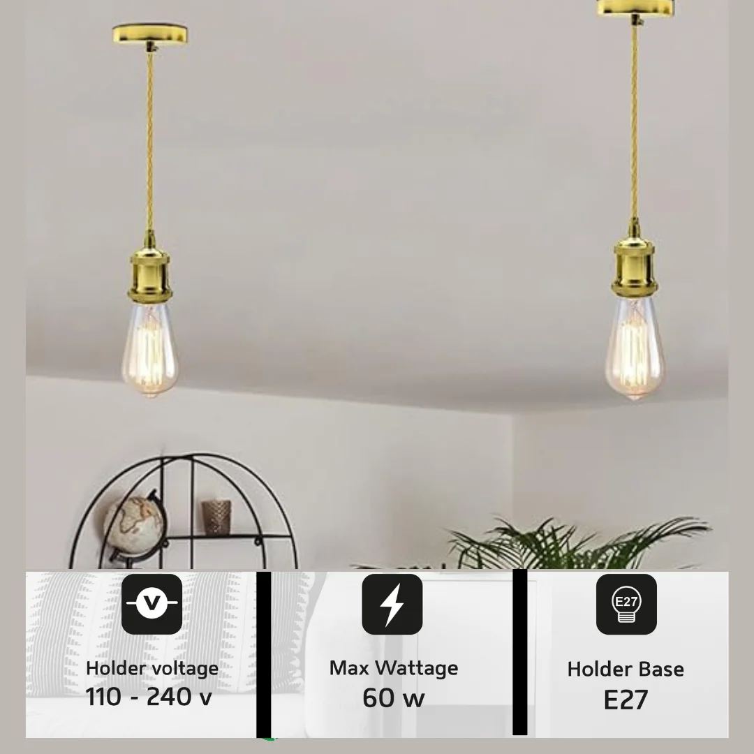 French gold twisted 1m cable pendant light with E27 bulb holder and round ceiling rose, vintage style metal fixture