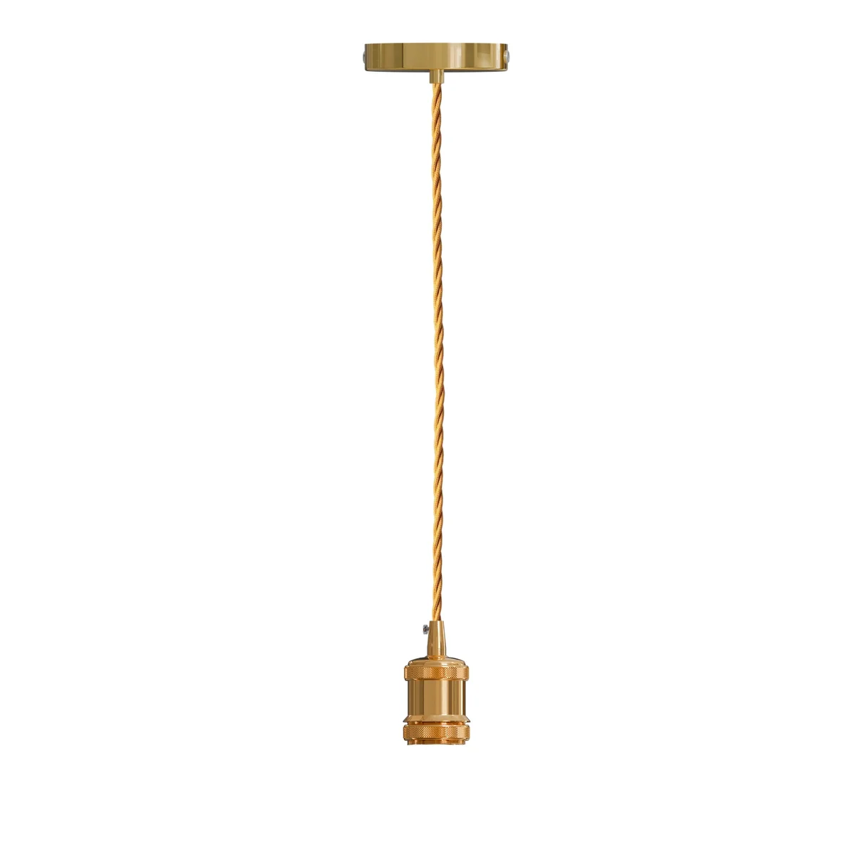 Vintage style indoor hanging light with twisted gold fabric cable and E27 bulb holder, ceiling rose included