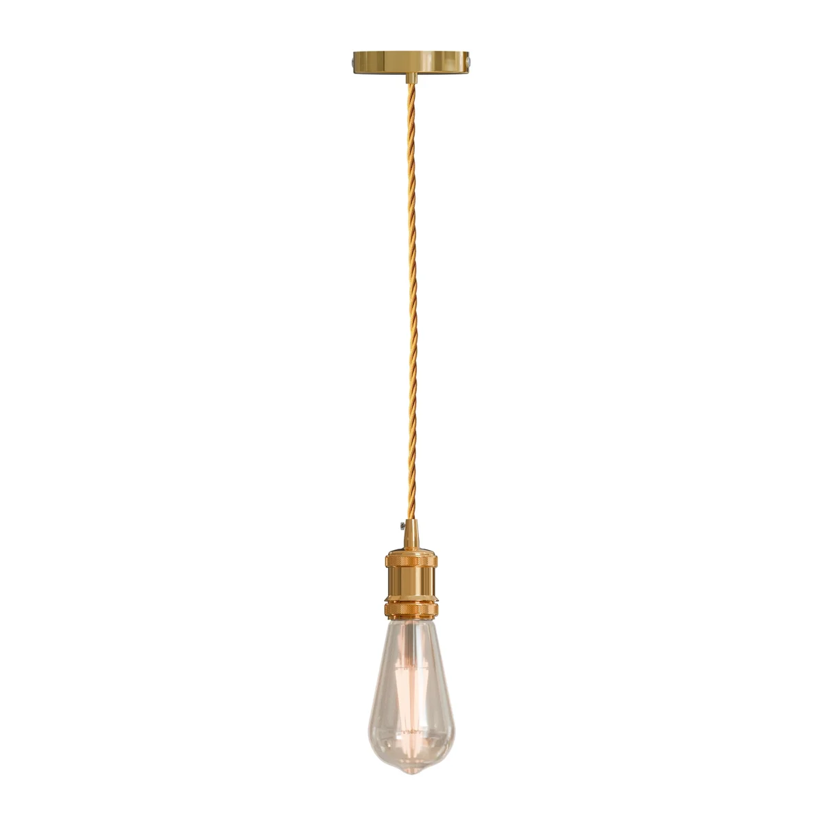 Vintage pendant light with twisted gold cable and E27 holder, shown hanging with ceiling rose and accessories included