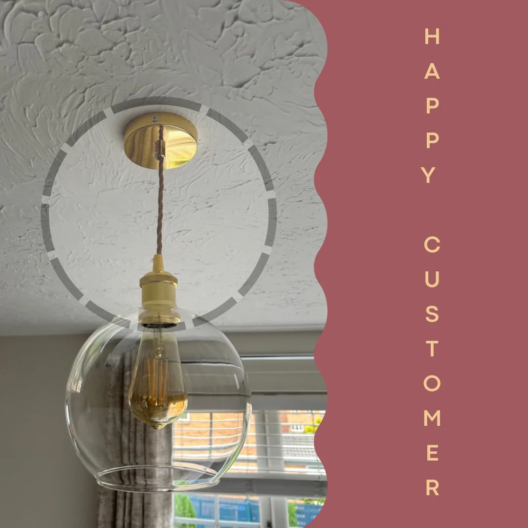 Vintage pendant light with French gold twisted fabric cable and E27 bulb holder hanging from a ceiling rose