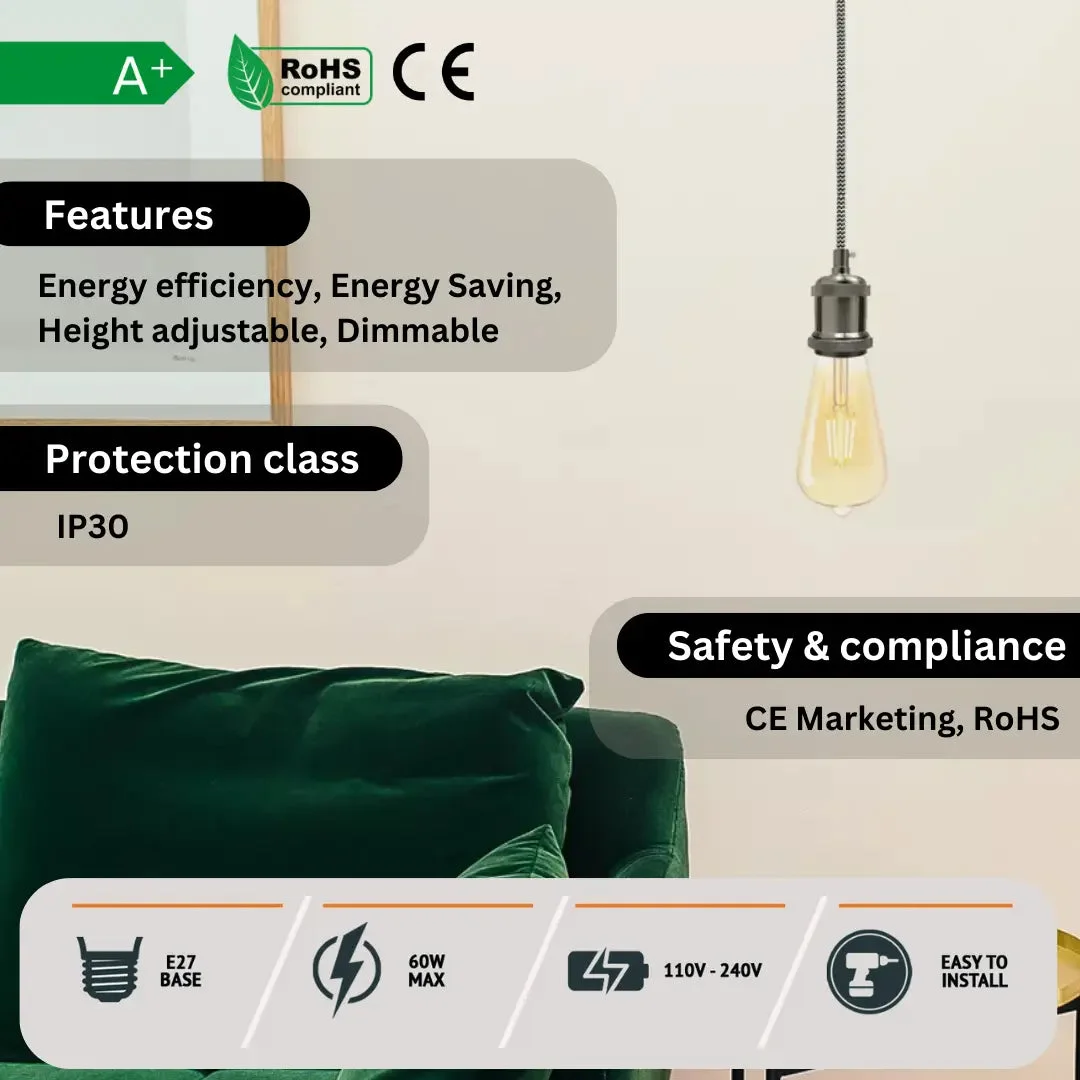 Vintage 3‑core metal pendant light fitting with 10 cm ceiling plate, E27 holder and 100 cm cable, hanging from ceiling.