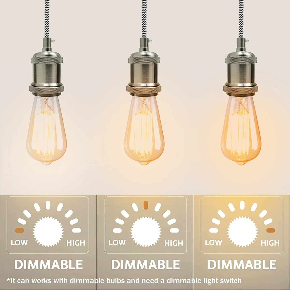 Dimmable ceiling light: vintage metal pendant holder with 10cm plate, designed for E27 60W bulbs, modern‑retro style