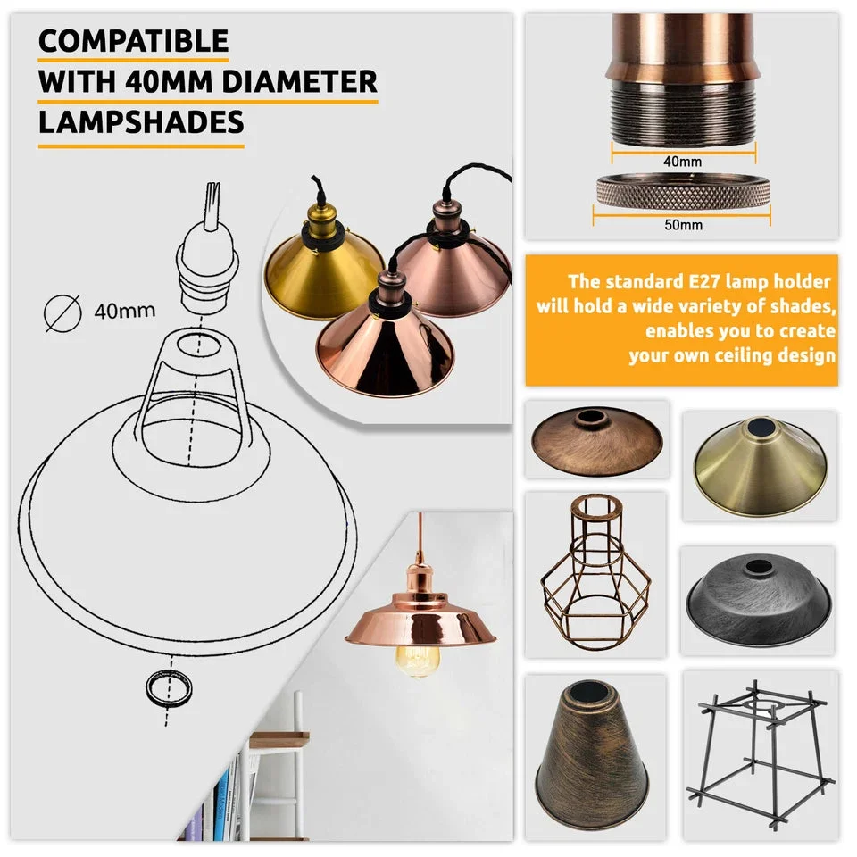 Retro ceiling light with French Gold vintage E27 holder, 1m fabric cable, and matching ceiling rose on white background