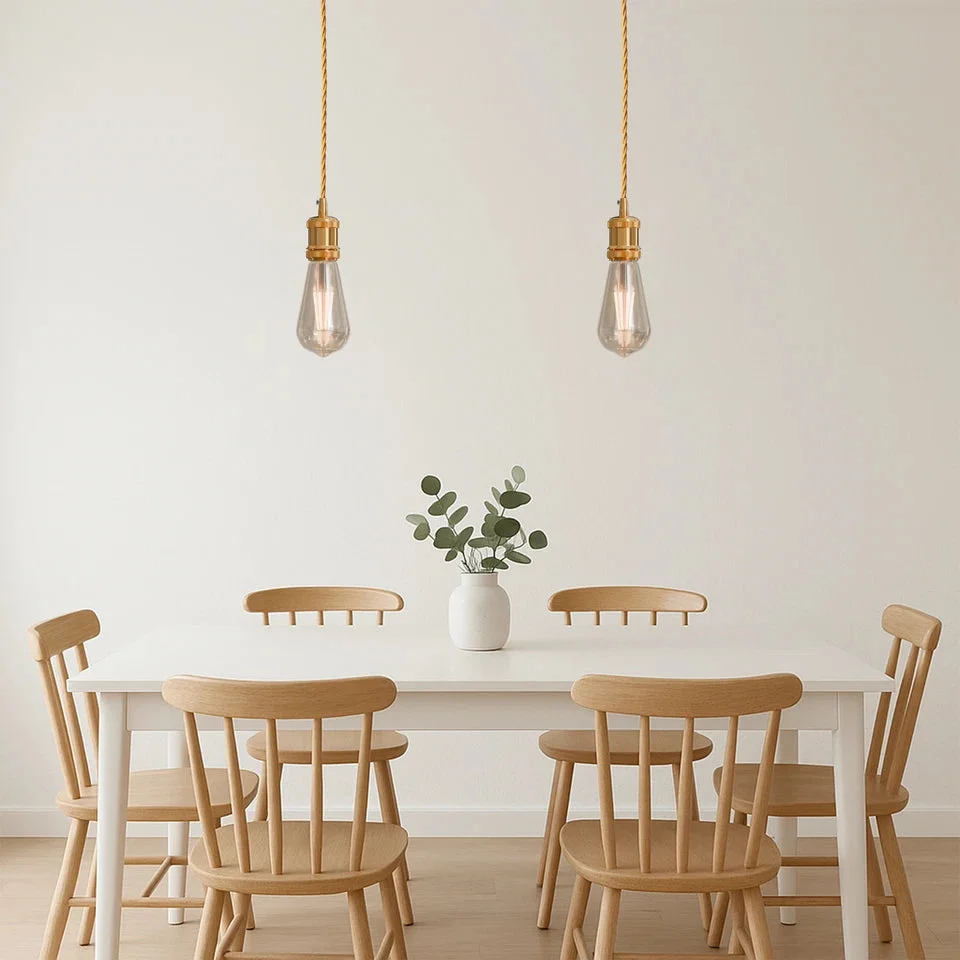 French gold vintage fabric cable pendant light with E27 holder, ceiling rose, and 1m round fabric cable hanging vertically