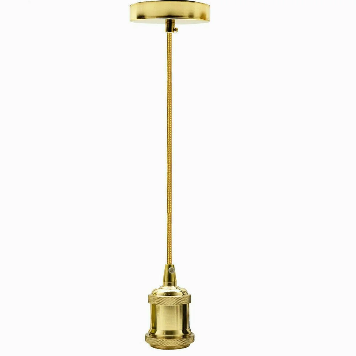 French gold metal lamp holder with 1m fabric cable and ceiling rose, vintage E27 pendant light fitting set