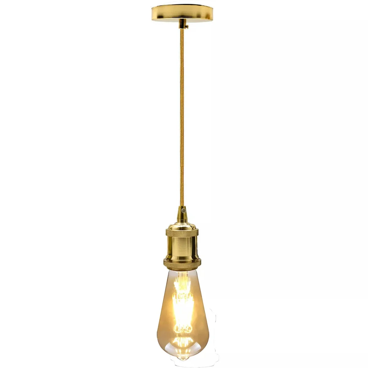 French gold pendant light with vintage E27 holder, 1m fabric cable, and matching ceiling rose on white background