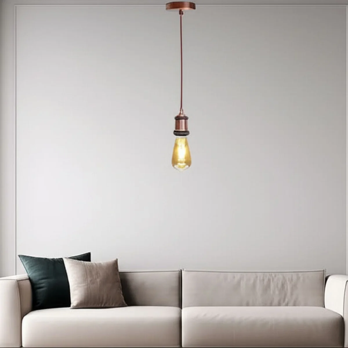 Vintage pendant light with 1m copper E27 lamp holder, round fabric cable, and ceiling rose for indoor use