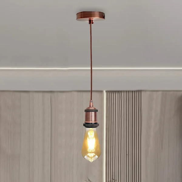 Vintage copper industrial ceiling light with 1m round fabric cable and E27 lamp holder, shown hanging indoors