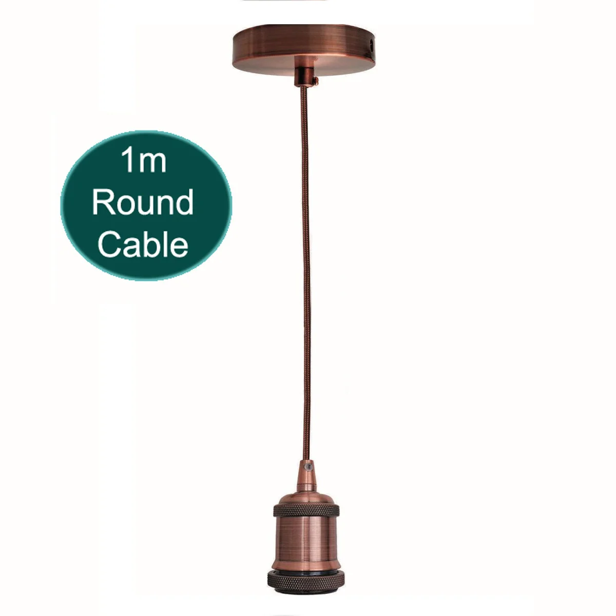 Vintage copper E27 lamp holder with 1m round 3-core fabric cable pendant and ceiling rose for indoor use