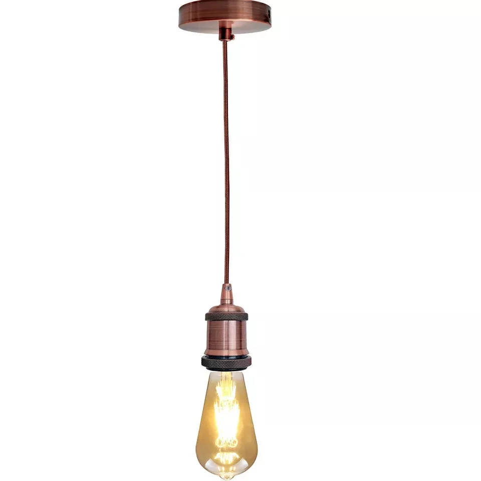 Vintage pendant light with polished copper E27 holder, round fabric cable, and ceiling rose against white background