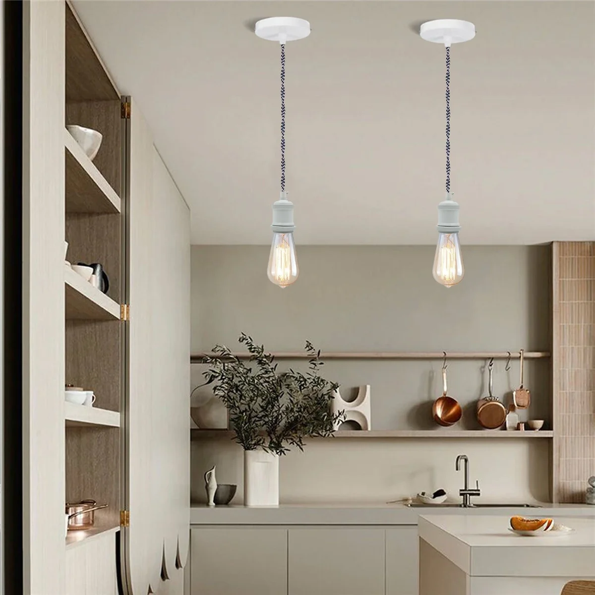 Grey vintage pendant light with 1m twisted fabric cable, white E27 lamp holder, and round ceiling rose