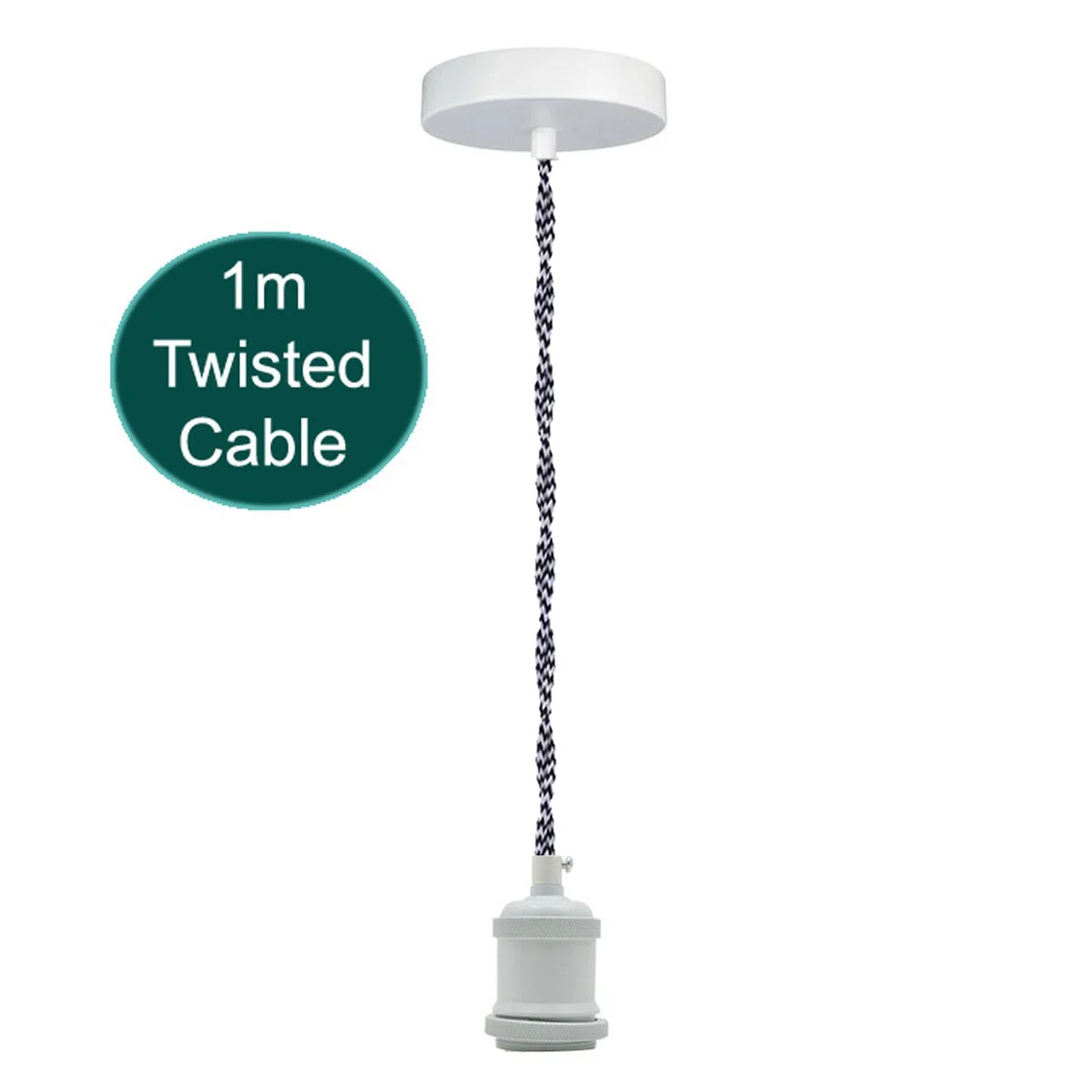 Grey 1m E27 pendant light with white lamp holder, twisted fabric cable, and ceiling rose in vintage industrial style