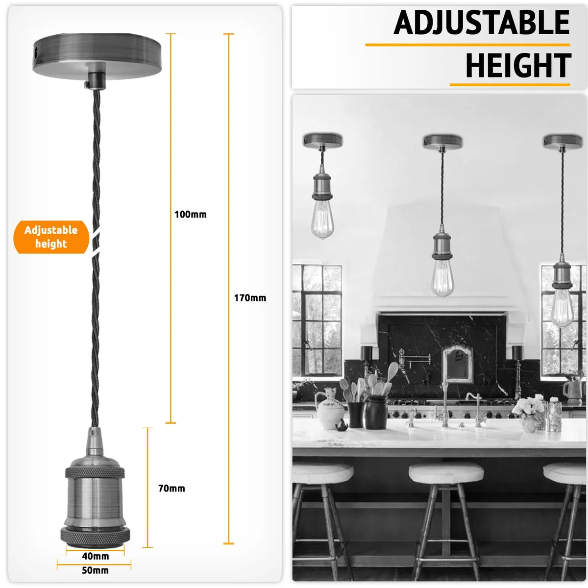 Grey 1 metre pendant kit with white E27 lamp holder, round ceiling rose, and twisted fabric cable hanging vertically