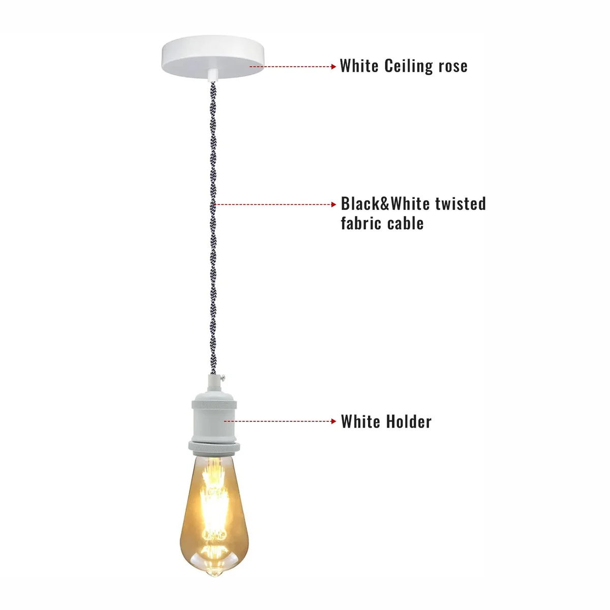 Grey 1m retro lighting fixture with white E27 lamp holder, round ceiling rose, and twisted fabric cable hanging vertically