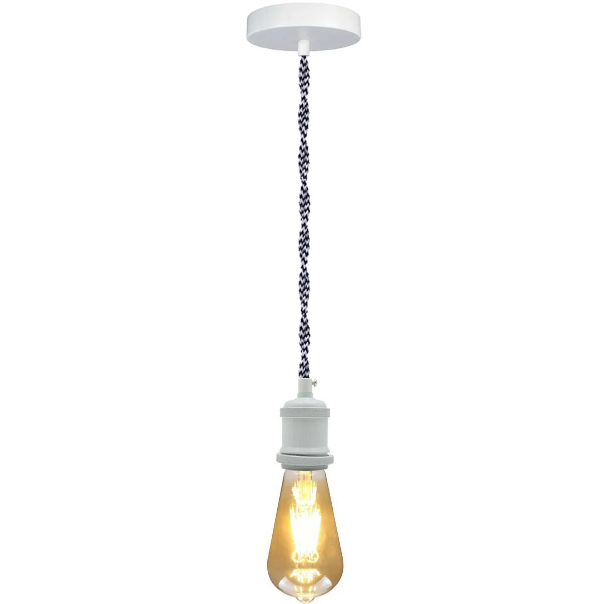 Vintage pendant light with grey twisted fabric cable and white E27 lamp holder hanging from ceiling rose