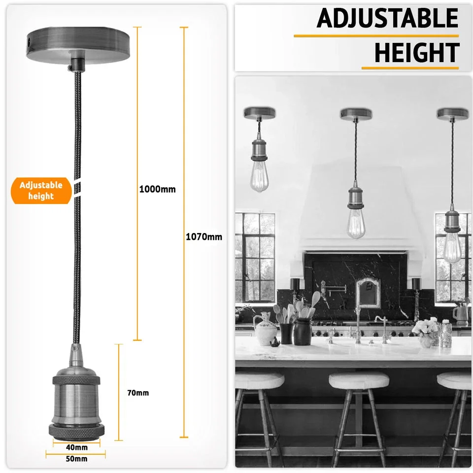 Grey pendant light with chrome E27 lamp holder, 1m twisted fabric cable, and round ceiling rose in vintage style