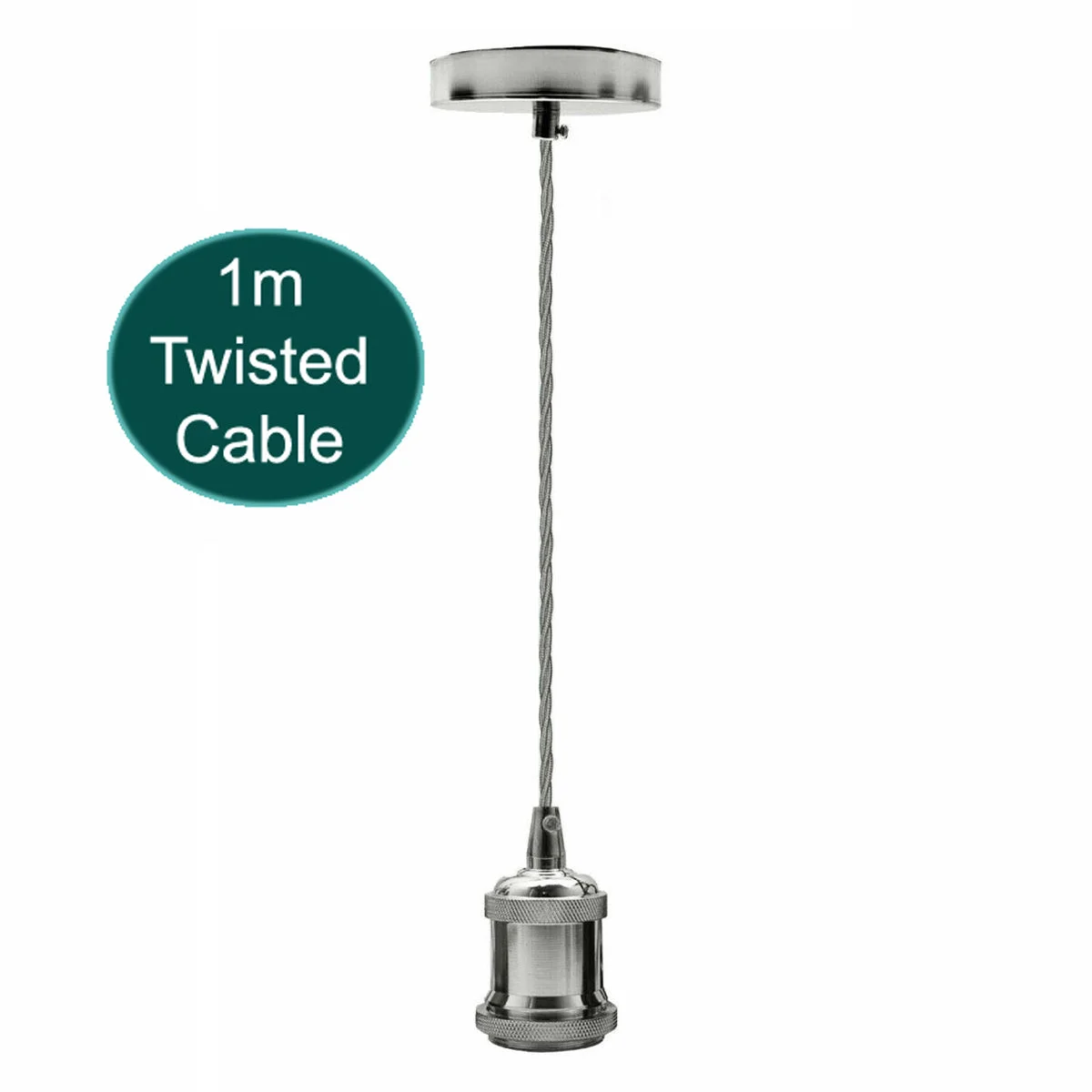 Vintage pendant light with 1m grey fabric cable, chrome E27 lamp holder, and round ceiling rose set against white background