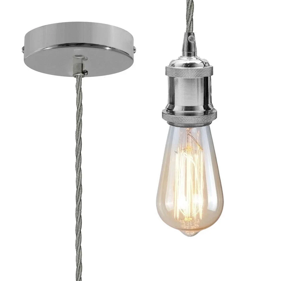 Grey and chrome vintage E27 ceiling light with 1m twisted fabric cable and chrome lamp holder hanging vertically