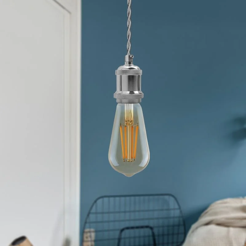Grey fabric cable with chrome pendant holder and ceiling rose for vintage E27 pendant light fitting set