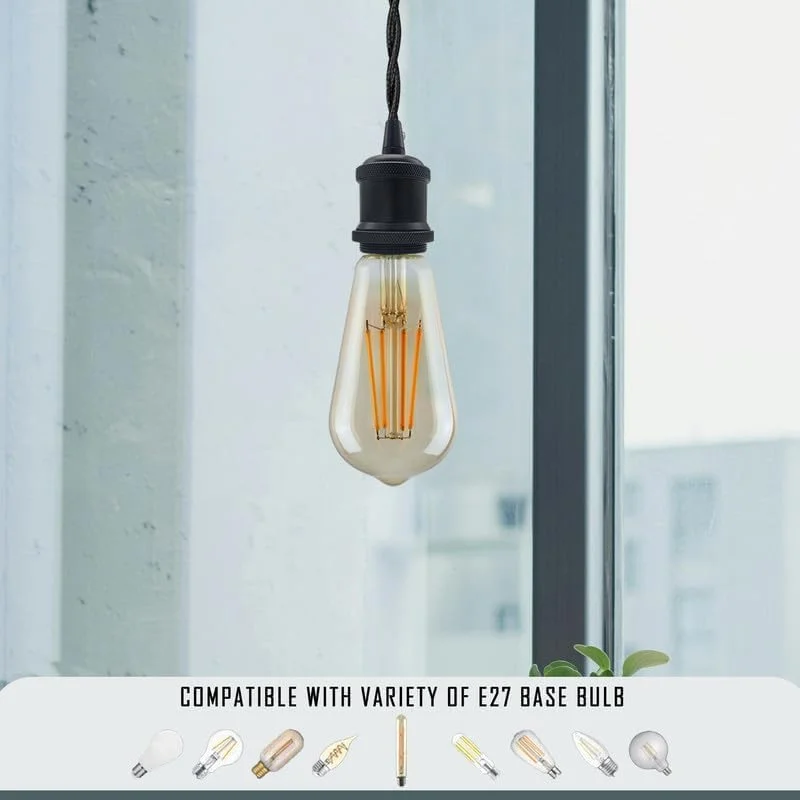 Grey and chrome fabric cable pendant light with vintage E27 lamp holder and ceiling rose, 1m twisted fabric cable visible
