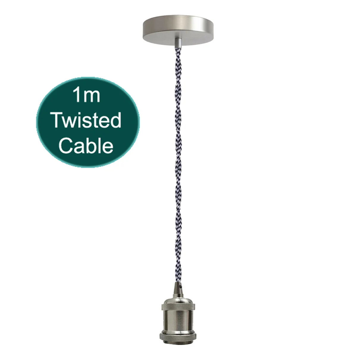 Vintage pendant light with satin nickel E27 holder, black twisted fabric cable, and ceiling rose for easy installation