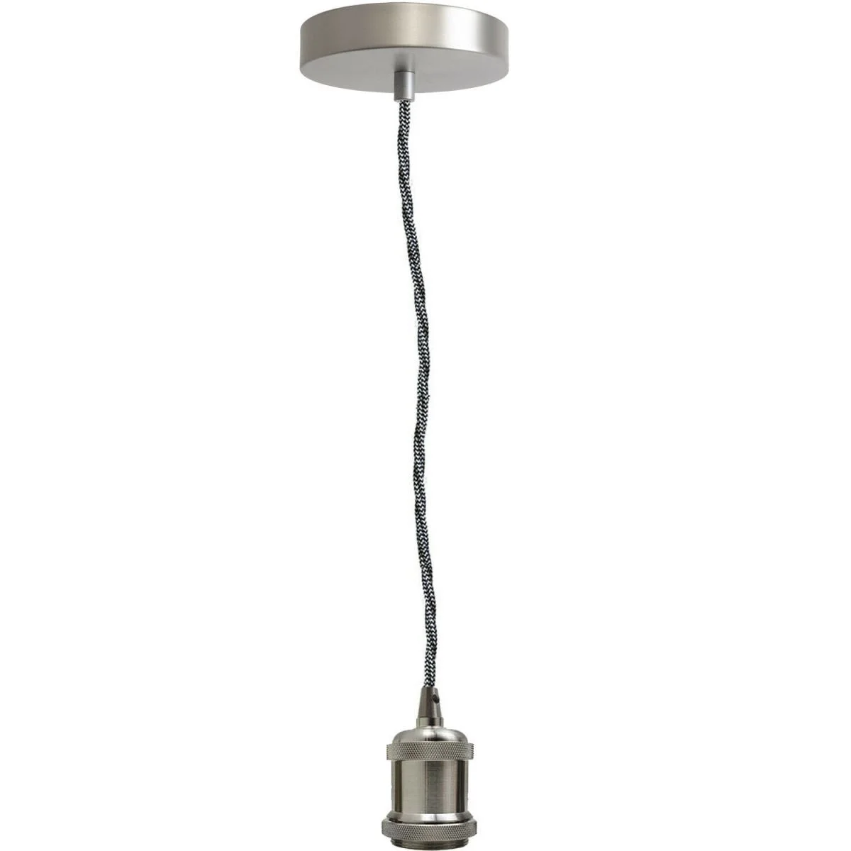 Industrial pendant light kit with satin nickel E27 holder, twisted black fabric cable, and ceiling rose shown hanging