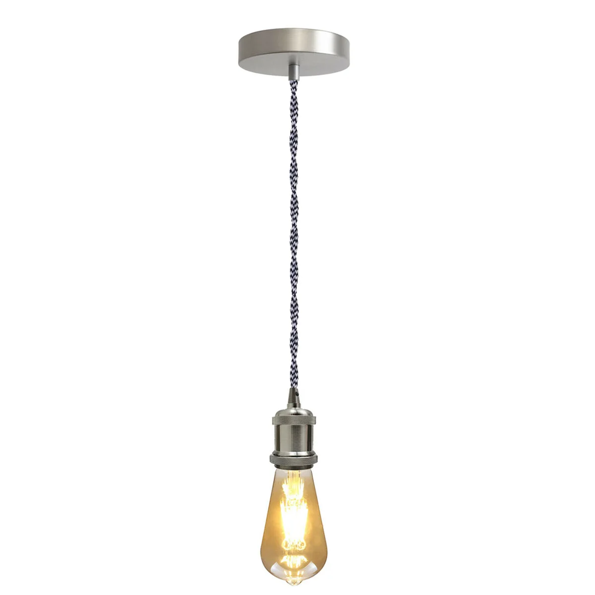 1m pendant light fitting with satin nickel E27 holder, black twisted fabric cable, and ceiling rose for vintage decor