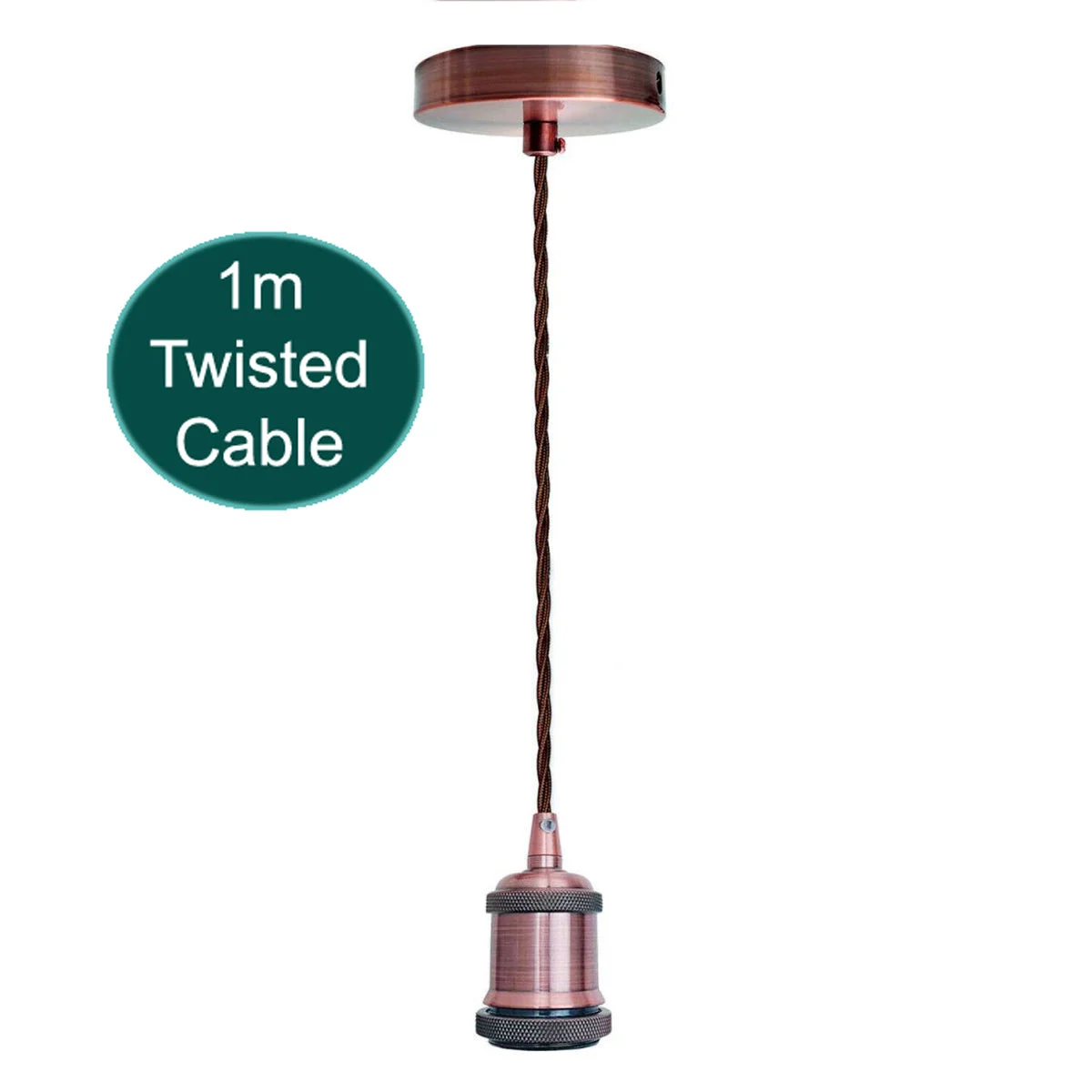 Copper pendant light with 1m twisted fabric cable, white E27 holder, and matching copper ceiling rose, vintage style