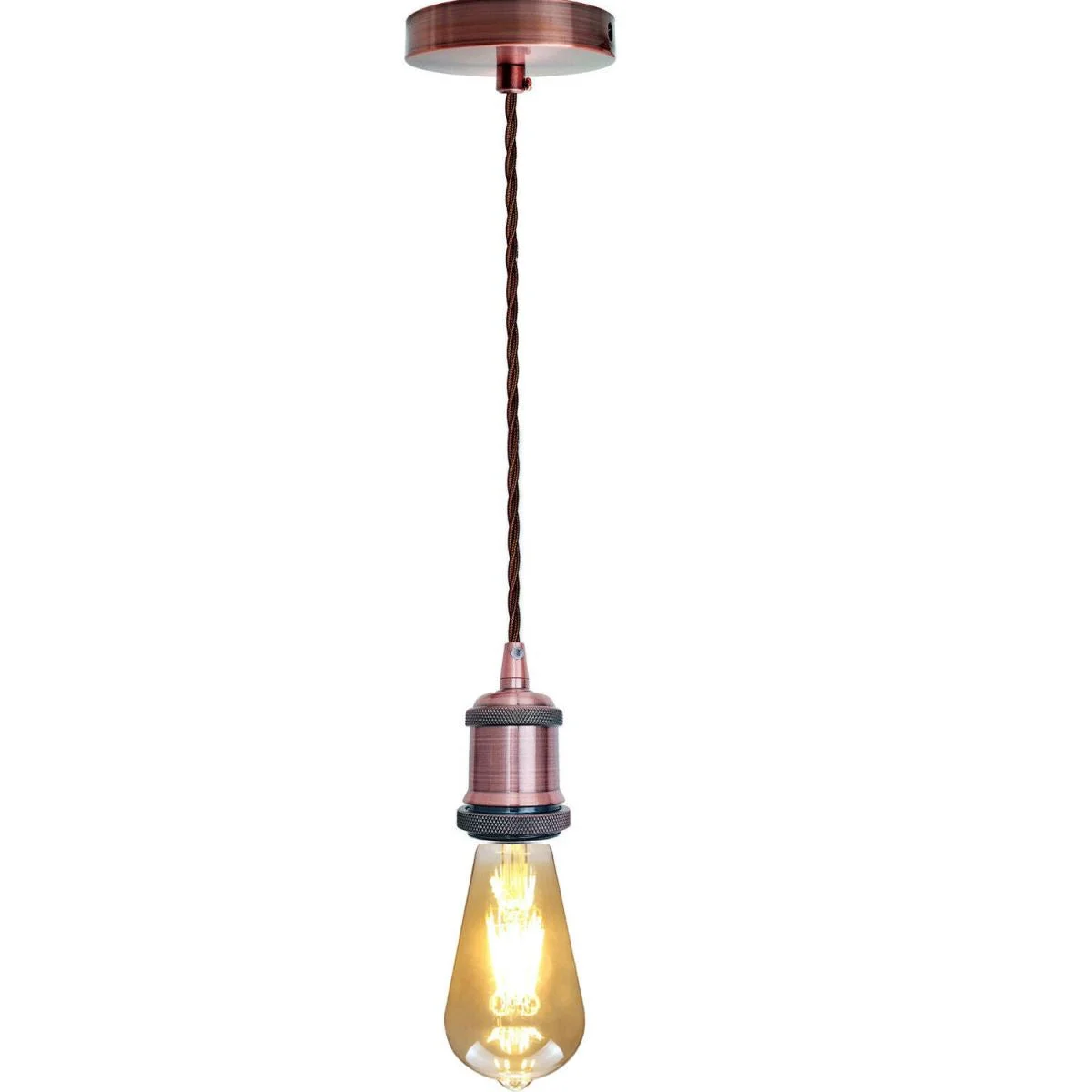 Copper twisted fabric cable with white E27 pendant holder and matching ceiling rose on a white background