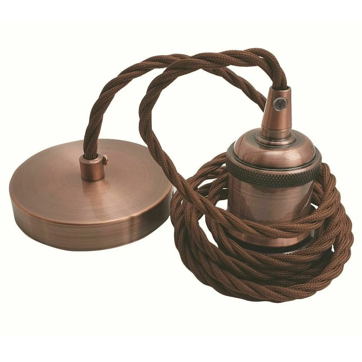 Copper fabric cable pendant light with twisted design, white E27 holder, and matching ceiling rose shown hanging