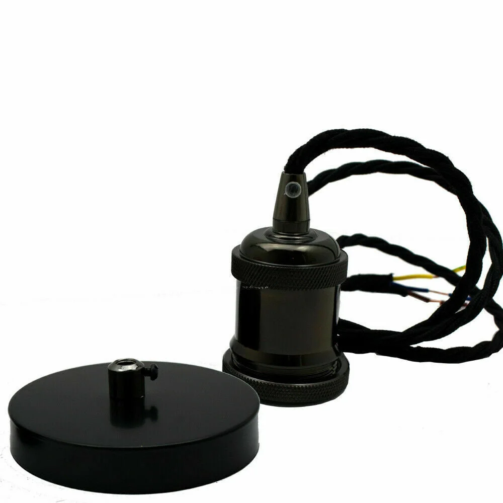 Black vintage E27 pendant holder with 90cm twisted fabric cable and matching ceiling rose for ceiling suspension lighting