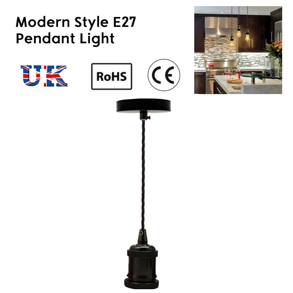 Black vintage pendant light fitting with E27 holder, 90cm twisted fabric cable, and matching ceiling rose accessories