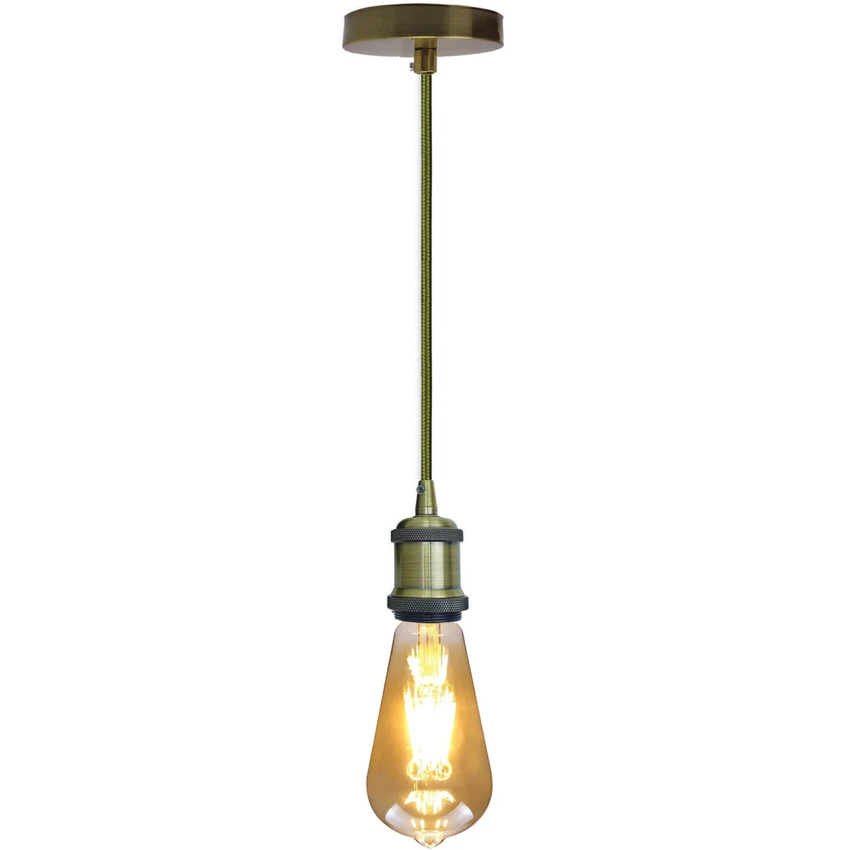 Army green vintage pendant light with brass E27 holder, 1m fabric cable, and matching ceiling rose against white background