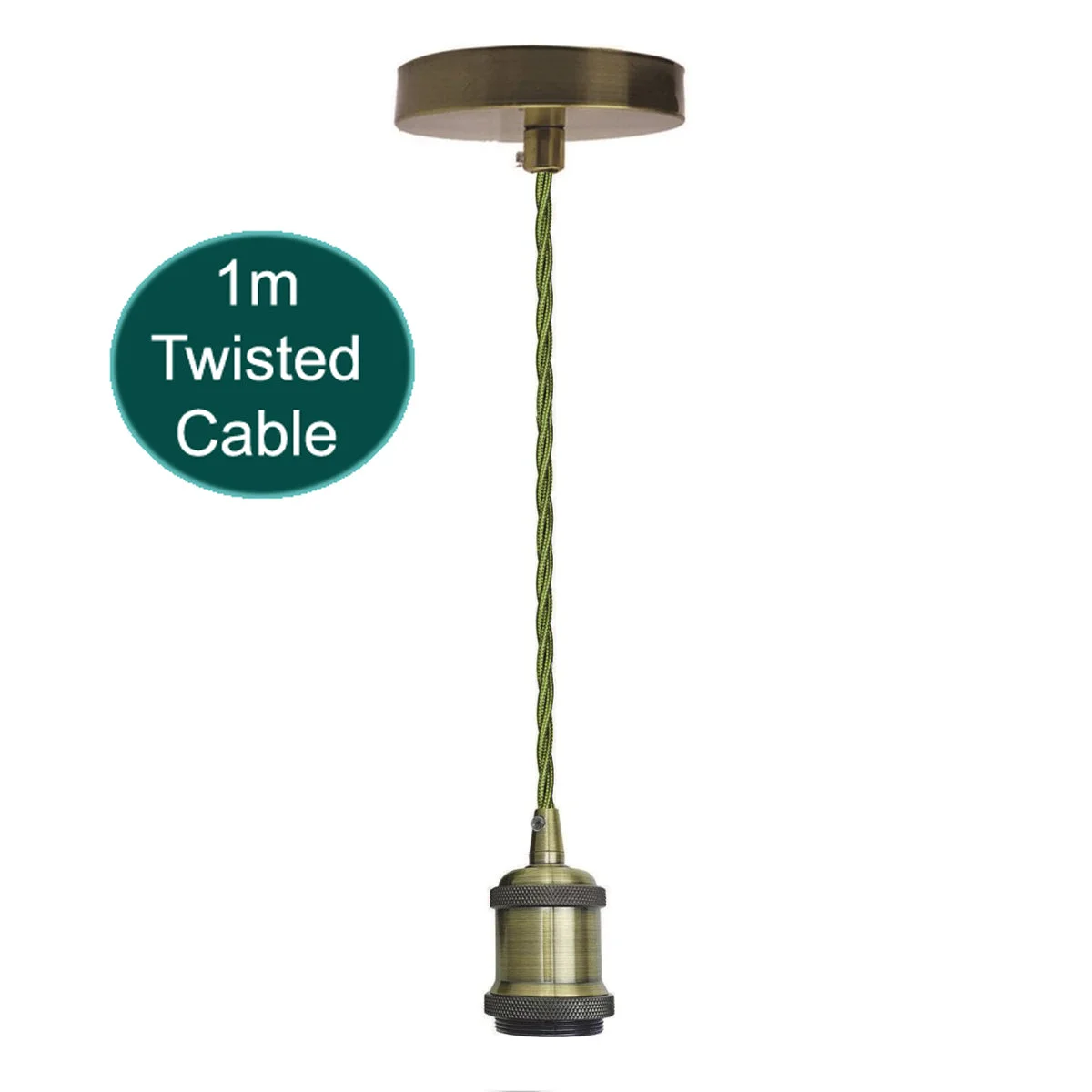Vintage pendant lamp holder with 1m army green twisted cable and polished green brass E27 base and ceiling rose accessory