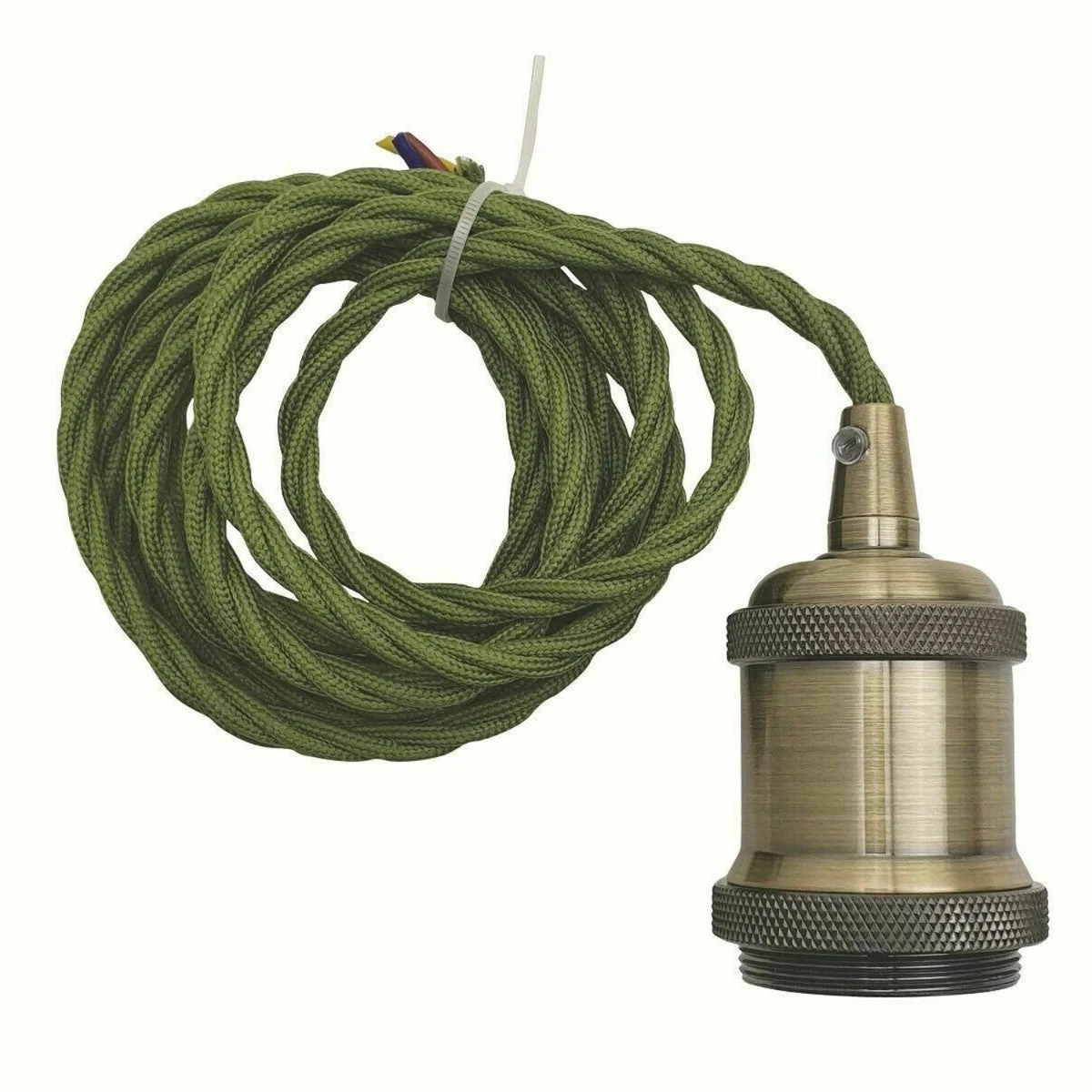Rustic lamp holder with green brass finish, 1m twisted cable and E27 base, ceiling rose included for pendant lighting