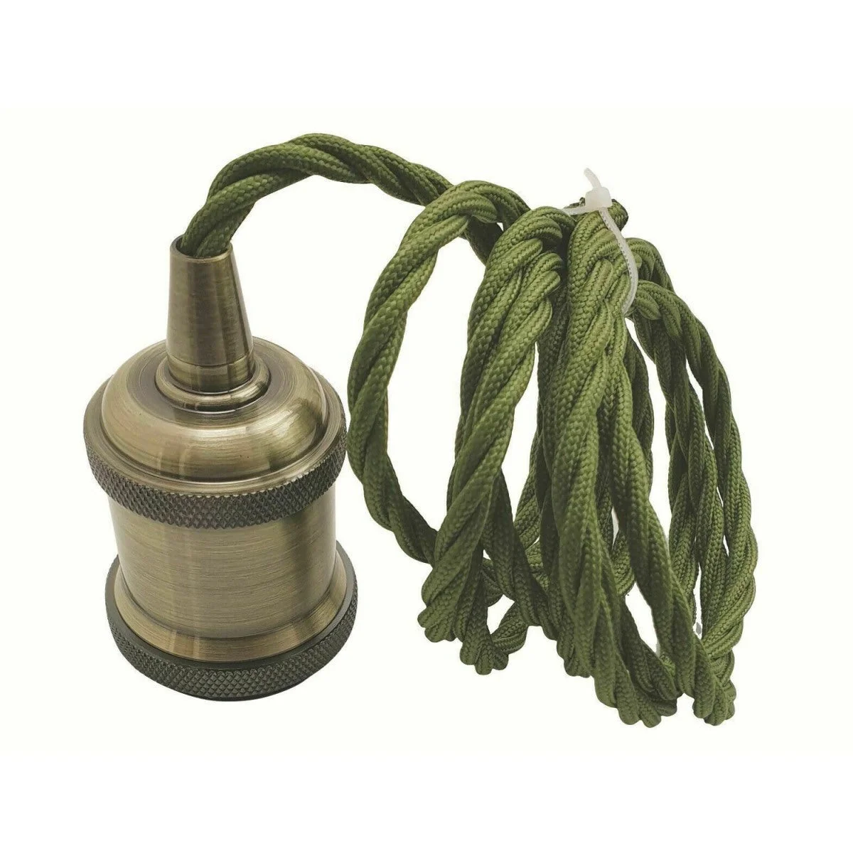 Vintage style lighting kit with 1m army green twisted cable and polished green brass E27 bulb holder pendant set