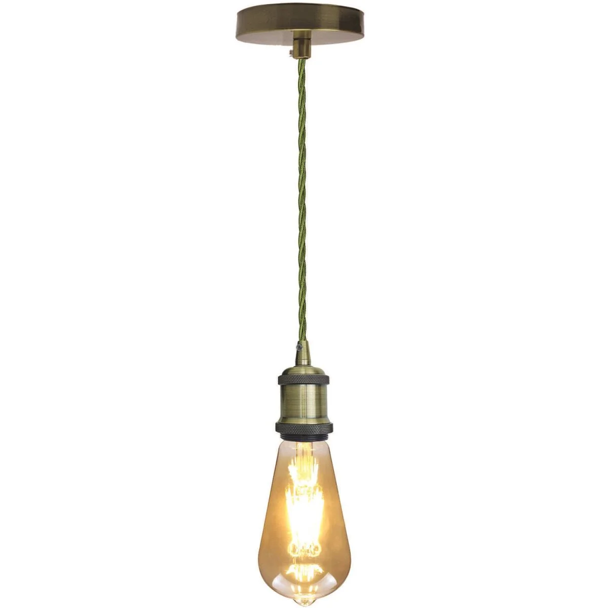 Vintage pendant lamp holder with 1m twisted army green cable and polished green brass E27 bulb socket and ceiling rose