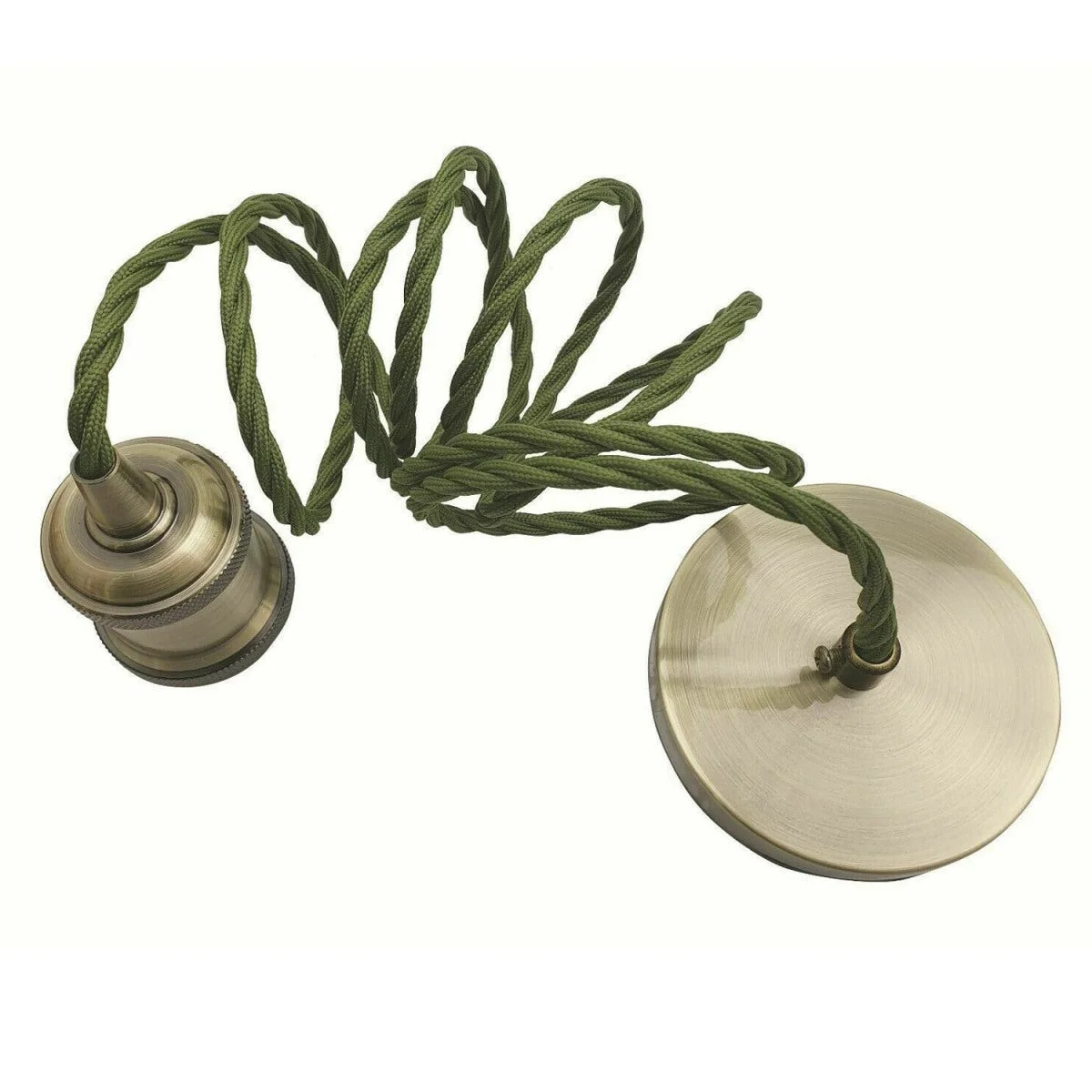 Vintage pendant lamp holder with 1m green twisted cable, brass E27 base, and matching ceiling rose accessories