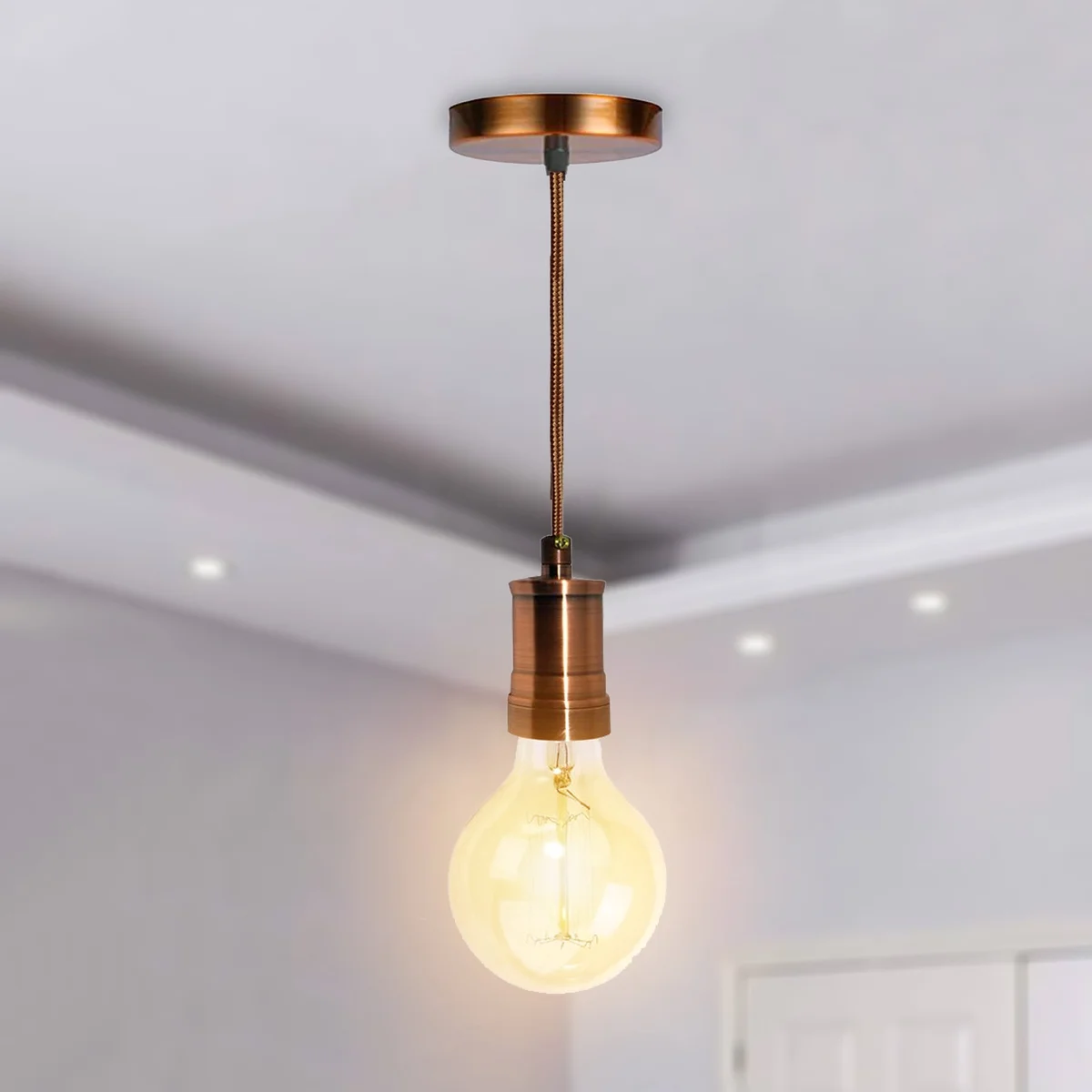 Copper and black square holder with 1m round 3-core cable for E27 ceiling pendant light installation