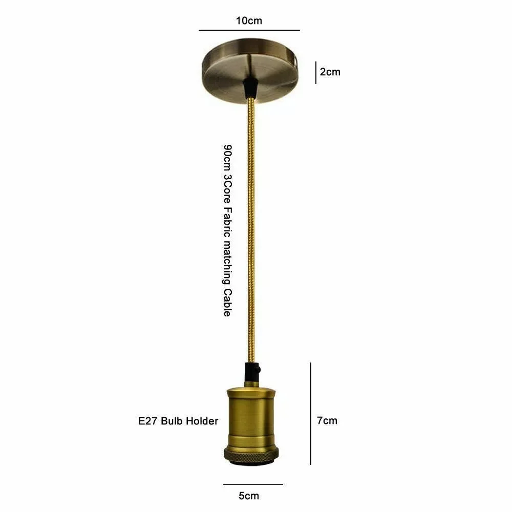 Copper pendant light with round 1m fabric cable and E27 ceiling holder in black, green brass, and yellow brass accents